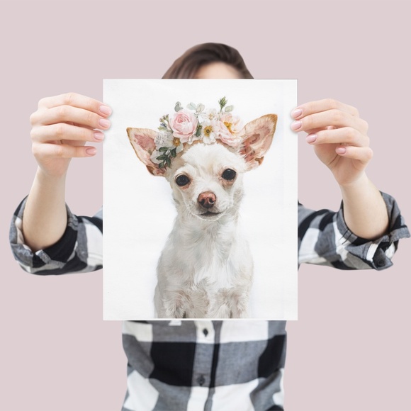 Watercolor White Chihuahua with Flowers Portrait Wall Art Print Poster Unframed - Picture 4 of 6